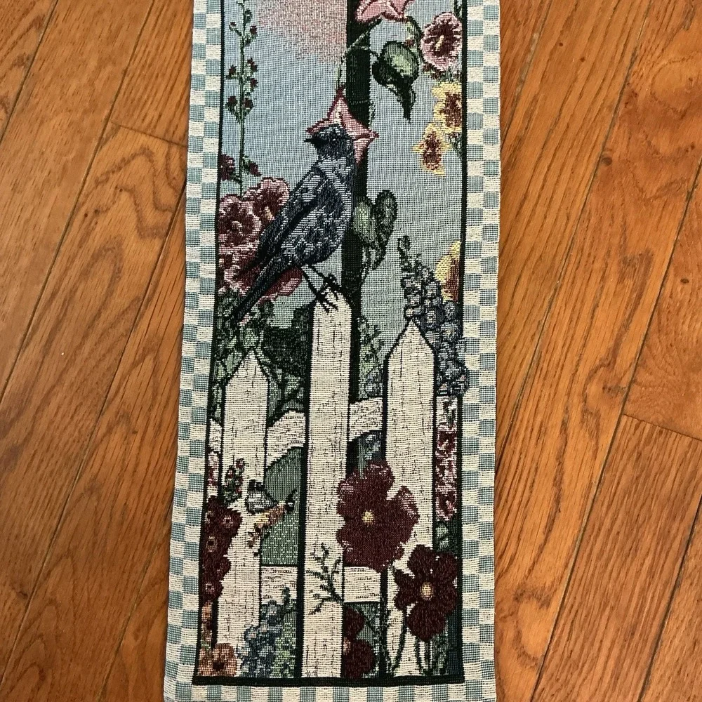 VINTAGE Tapestry MADE IN USA Wall Hanging Birdhouse, Bird, Garden Flowers 8.5x42